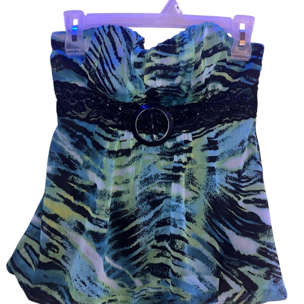Blue and Green Strapless Top with Black Lace